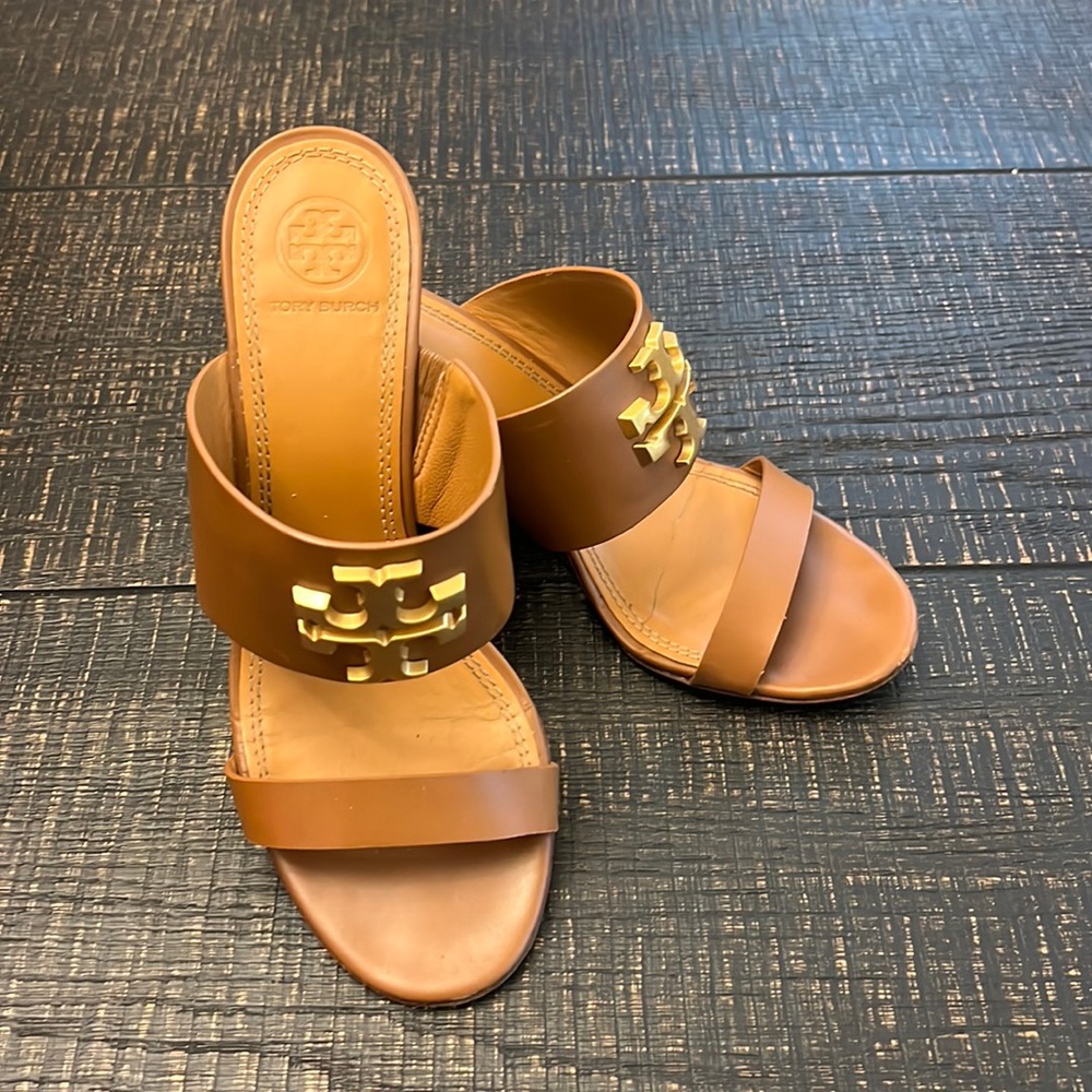 Tory Burch Brown Leather Wedge Sandals with Gold Logo